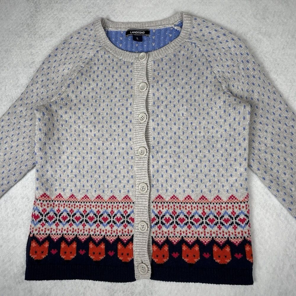 Lands' End Fair Isle Knit button Cardigan fox Cottagecore whimsical Size L(14)